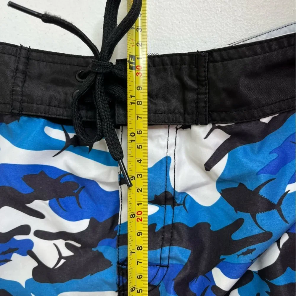 Pelagic Fish Camo Board Short White Black Blue Swim Surf SUP Men Size 34 FLAW